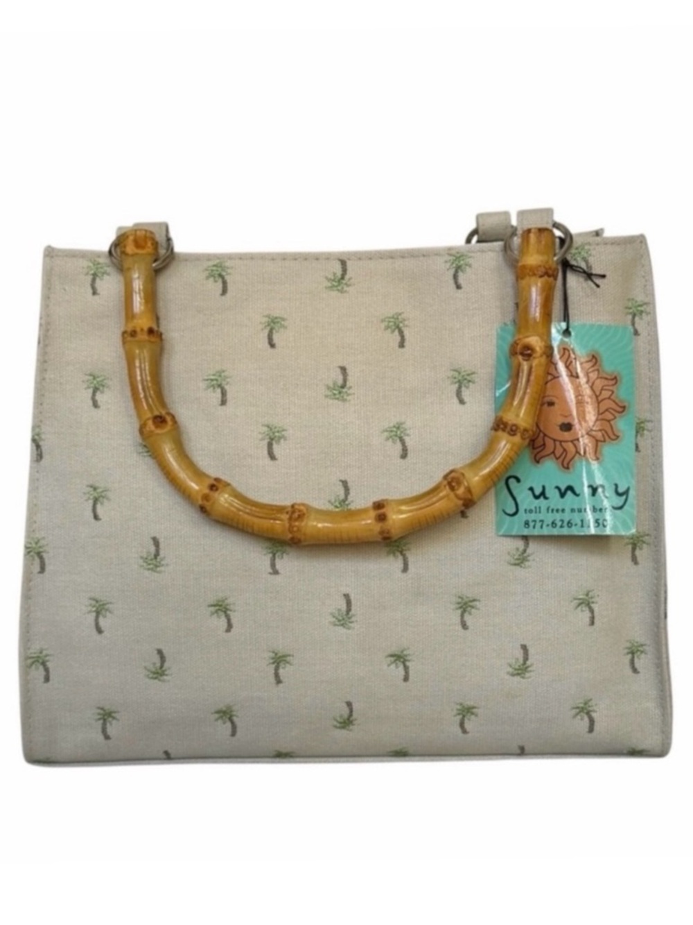 Sunny Hawaii Tan Embroidered Palm Tree Canvas Bag with Bamboo Handles